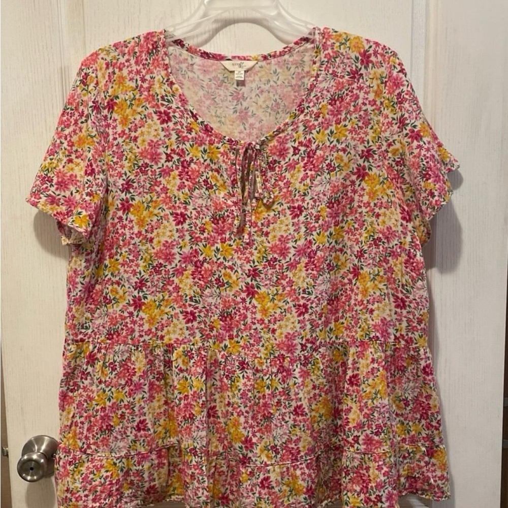 Women’s 2X Terra & Sky Pink and Yellow Floral Blouse
